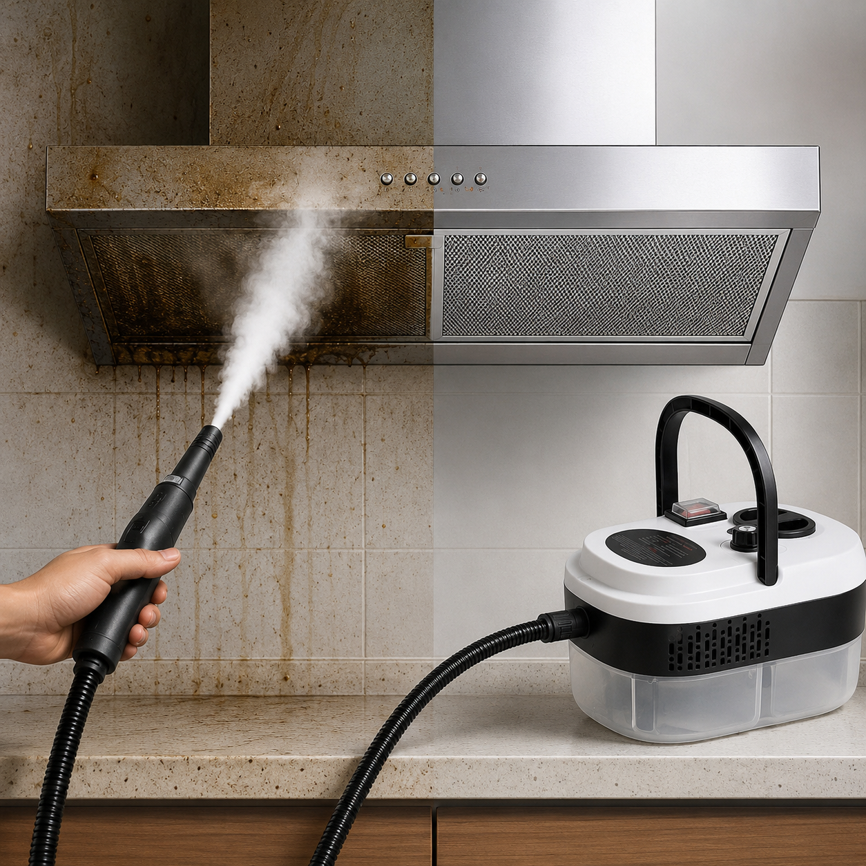 VaporJet Pro limpiando grasa de cocina con vapor